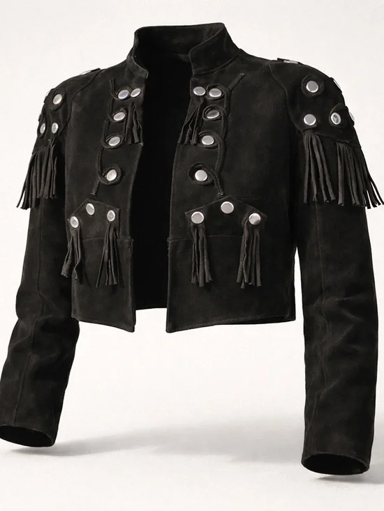 Vintage Suede Fringe Jacket Black Studded Cropped Indie Rock Revival S/M - Picture 4 of 9